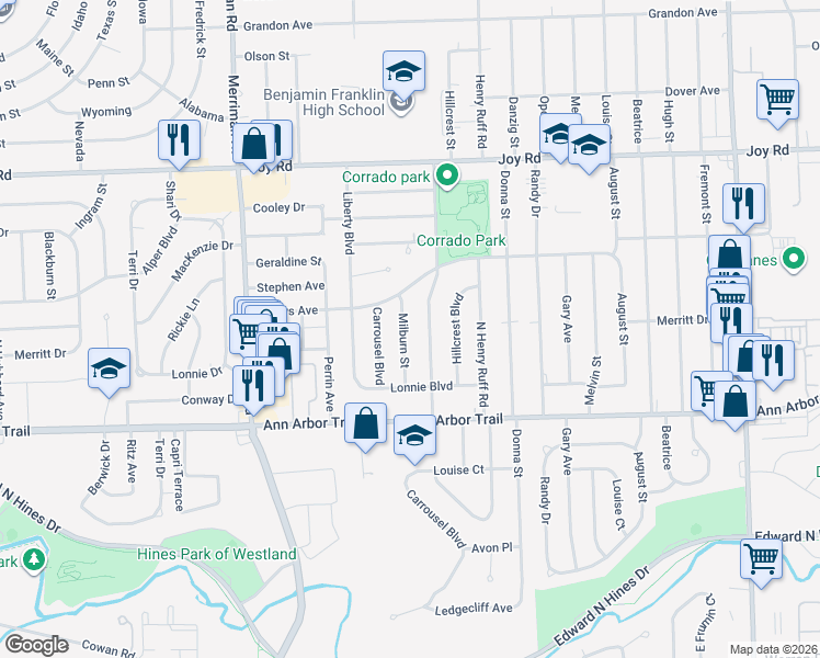 map of restaurants, bars, coffee shops, grocery stores, and more near 8245 Flamingo Street in Westland