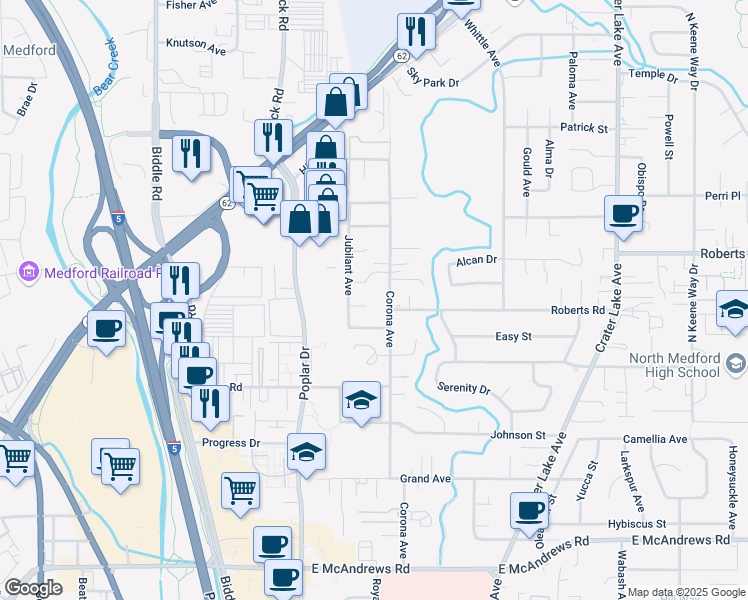 map of restaurants, bars, coffee shops, grocery stores, and more near 1443 Carolyn Circle in Medford