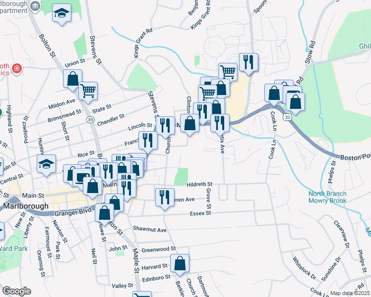 map of restaurants, bars, coffee shops, grocery stores, and more near 31 Vine Street in Marlborough
