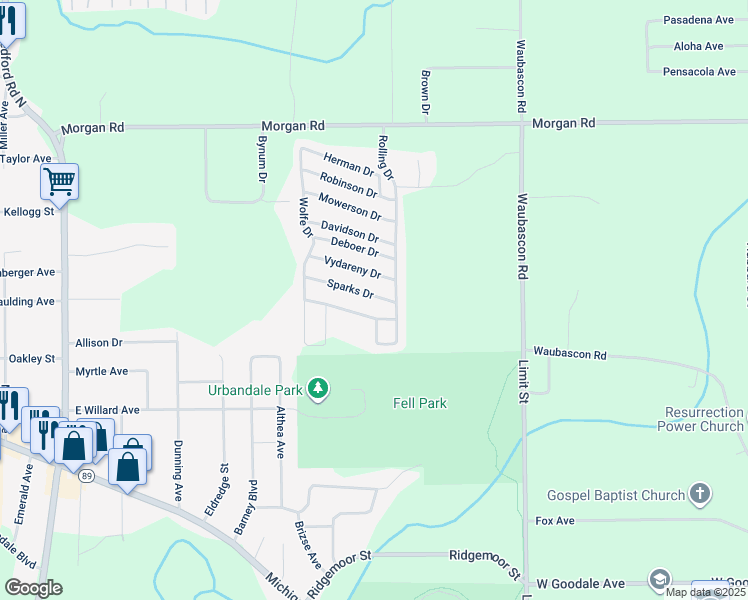 map of restaurants, bars, coffee shops, grocery stores, and more near 264 Sparks Drive in Battle Creek