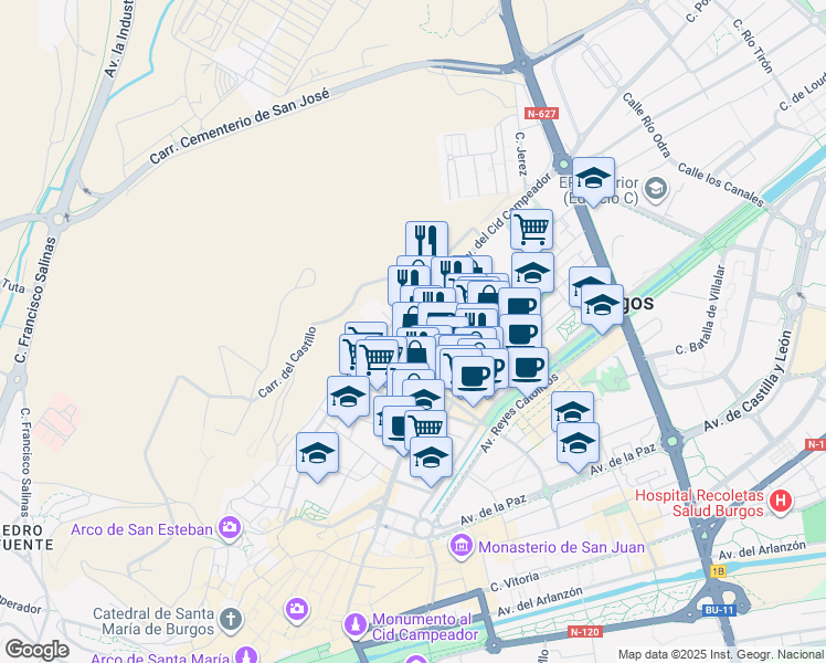 map of restaurants, bars, coffee shops, grocery stores, and more near 14 Calle Abad Maluenda in Burgos