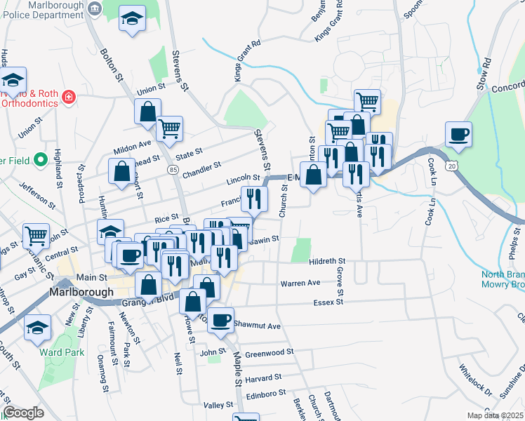 map of restaurants, bars, coffee shops, grocery stores, and more near 83 East Main Street in Marlborough