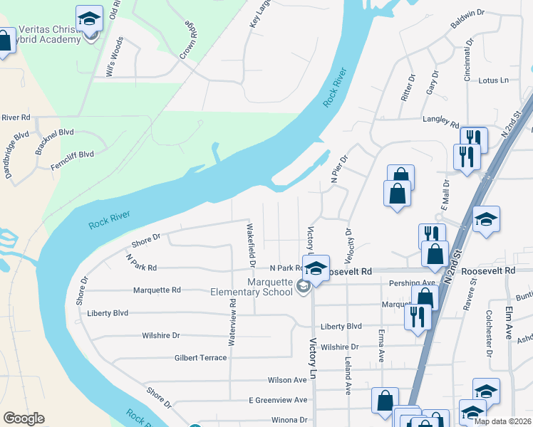map of restaurants, bars, coffee shops, grocery stores, and more near 334 Northway Park Road in Machesney Park