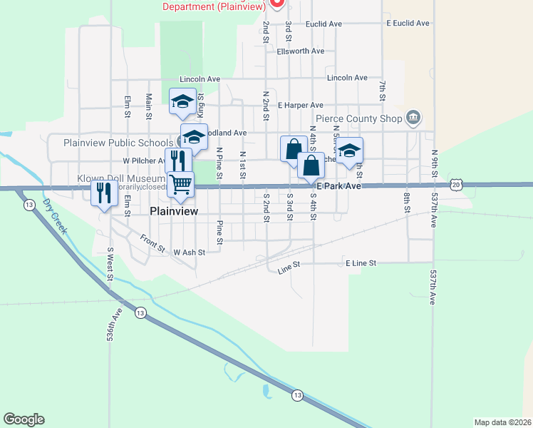 map of restaurants, bars, coffee shops, grocery stores, and more near 200 South 2nd Street in Plainview