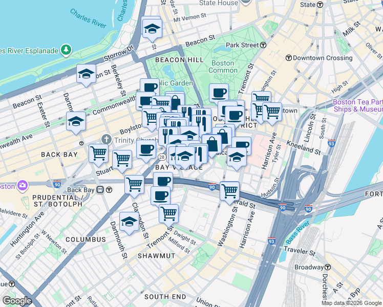 map of restaurants, bars, coffee shops, grocery stores, and more near Church St & Winchester St in Boston