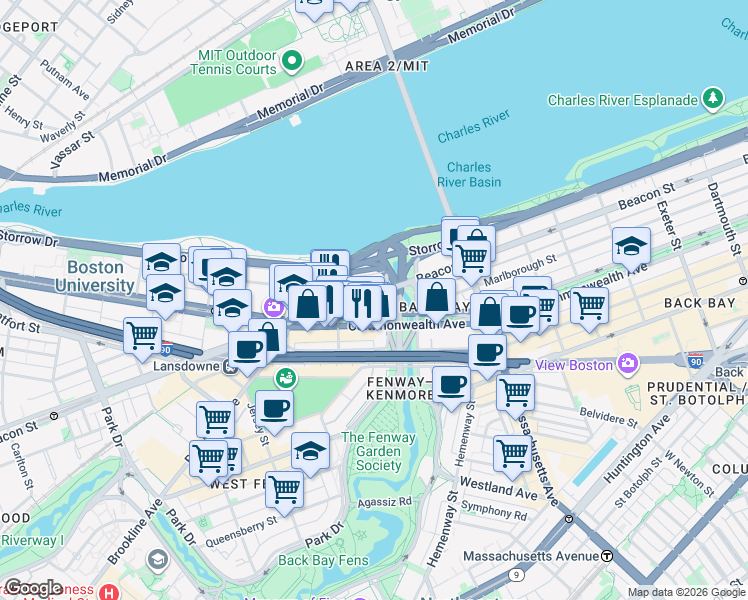 map of restaurants, bars, coffee shops, grocery stores, and more near 483 Commonwealth Avenue in Boston