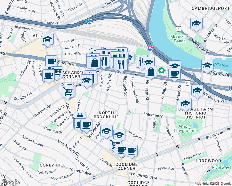 map of restaurants, bars, coffee shops, grocery stores, and more near 27 Osborne Road in Brookline