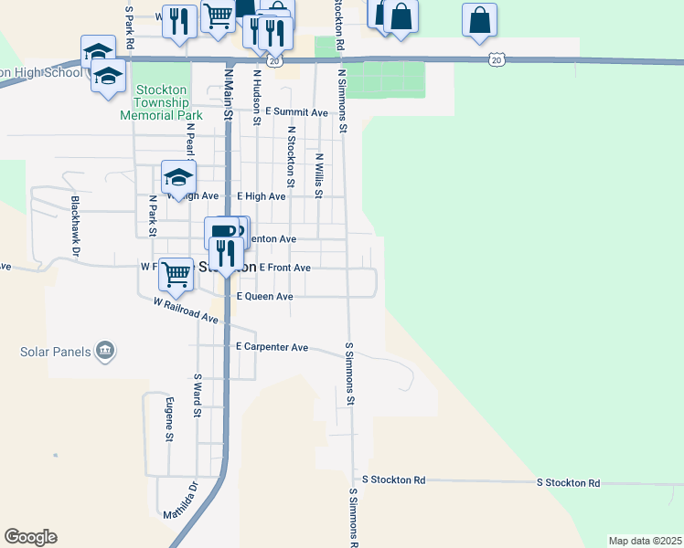 map of restaurants, bars, coffee shops, grocery stores, and more near 424 East Front Avenue in Stockton