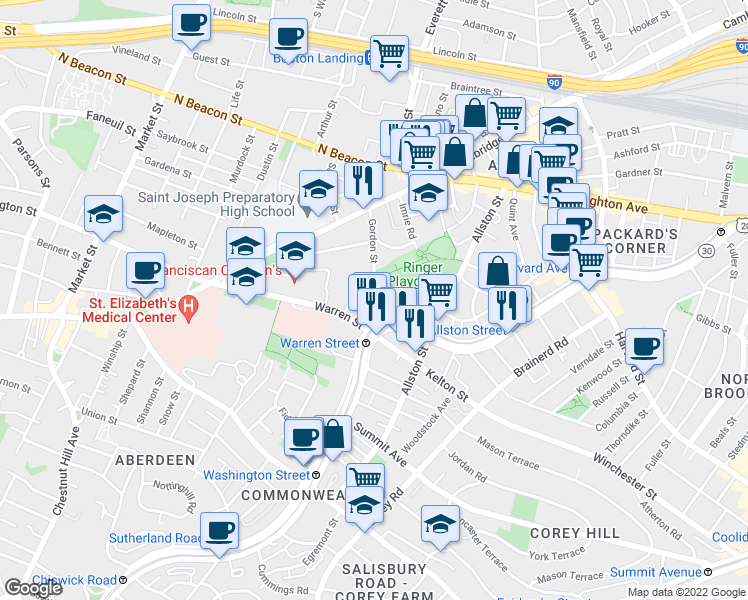 map of restaurants, bars, coffee shops, grocery stores, and more near 103 Gordon Street in Boston