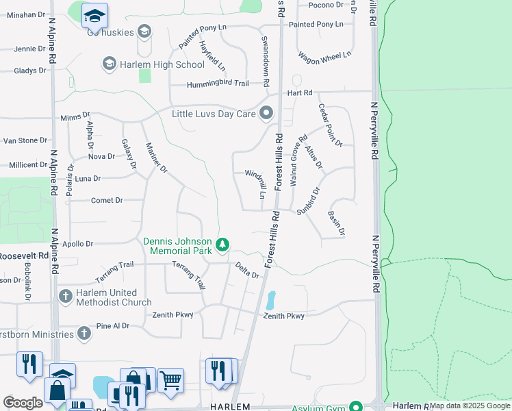 map of restaurants, bars, coffee shops, grocery stores, and more near 6116 Windmill Ln in Machesney Park