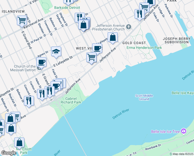 map of restaurants, bars, coffee shops, grocery stores, and more near 7850 East Jefferson Avenue in Detroit