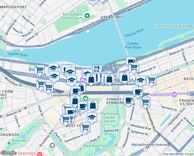 map of restaurants, bars, coffee shops, grocery stores, and more near 636 Beacon Street in Boston