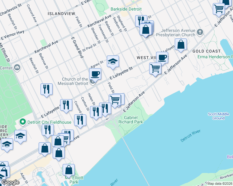 map of restaurants, bars, coffee shops, grocery stores, and more near 602 Field Street in Detroit