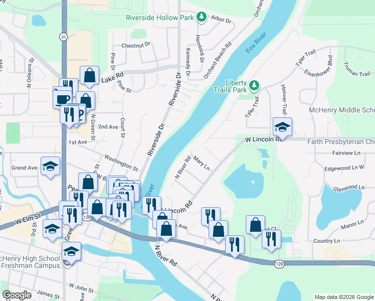 map of restaurants, bars, coffee shops, grocery stores, and more near 1513 North River Road in McHenry
