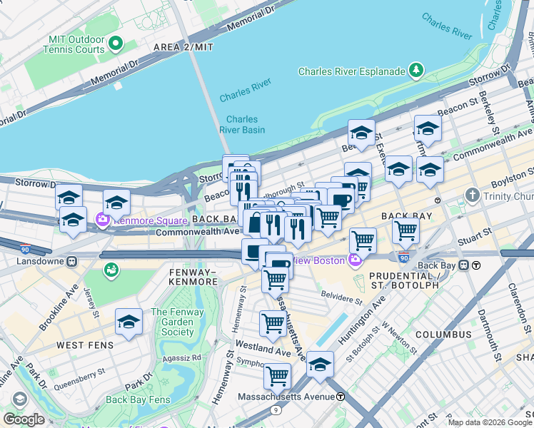 map of restaurants, bars, coffee shops, grocery stores, and more near 345 Commonwealth Avenue in Boston