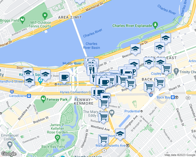 map of restaurants, bars, coffee shops, grocery stores, and more near 345 Commonwealth Avenue in Boston
