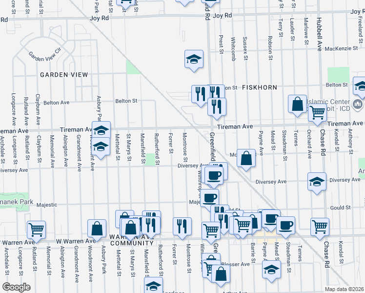 map of restaurants, bars, coffee shops, grocery stores, and more near 7775 Montrose Street in Detroit