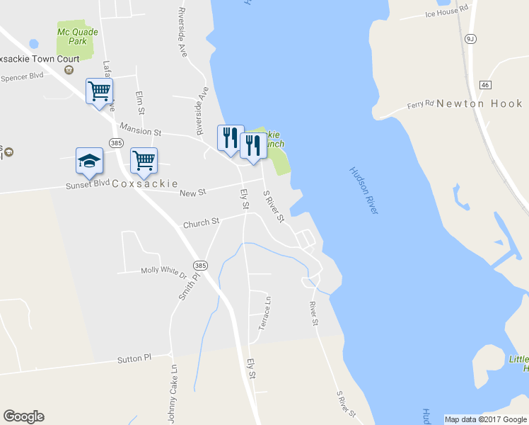 map of restaurants, bars, coffee shops, grocery stores, and more near 33 Church Street in Coxsackie