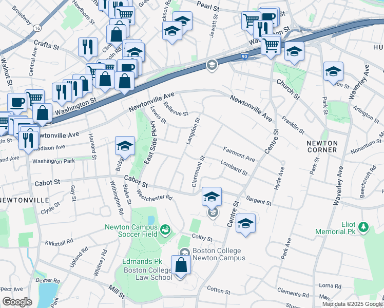 map of restaurants, bars, coffee shops, grocery stores, and more near 15 Surrey Road in Newton