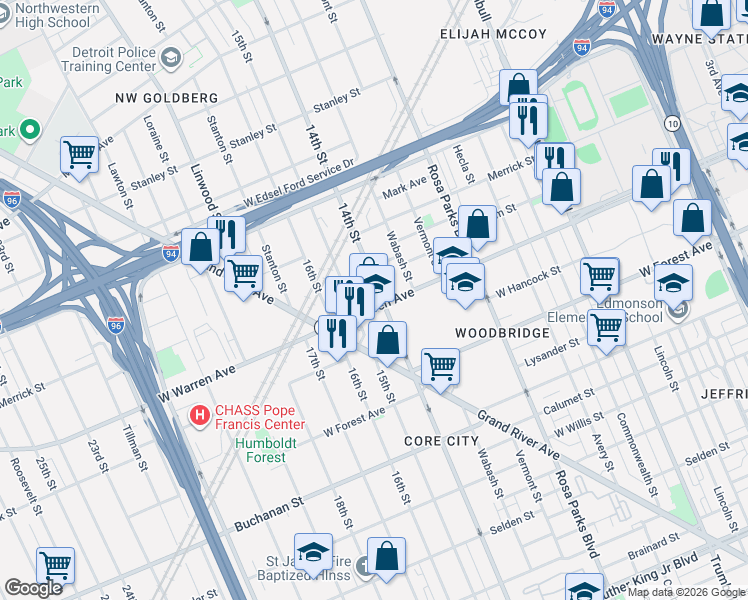 map of restaurants, bars, coffee shops, grocery stores, and more near 5005 14th Street in Detroit