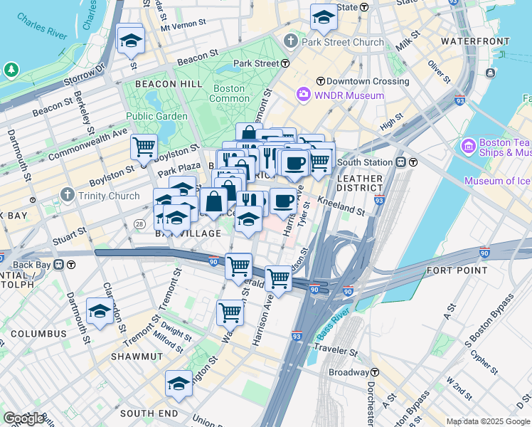 map of restaurants, bars, coffee shops, grocery stores, and more near 800 Washington Street in Boston