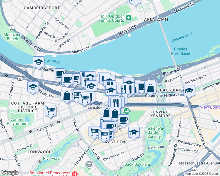 map of restaurants, bars, coffee shops, grocery stores, and more near 595 Commonwealth Avenue in Boston