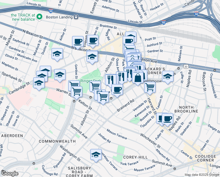 map of restaurants, bars, coffee shops, grocery stores, and more near 4 Price Rd in Allston