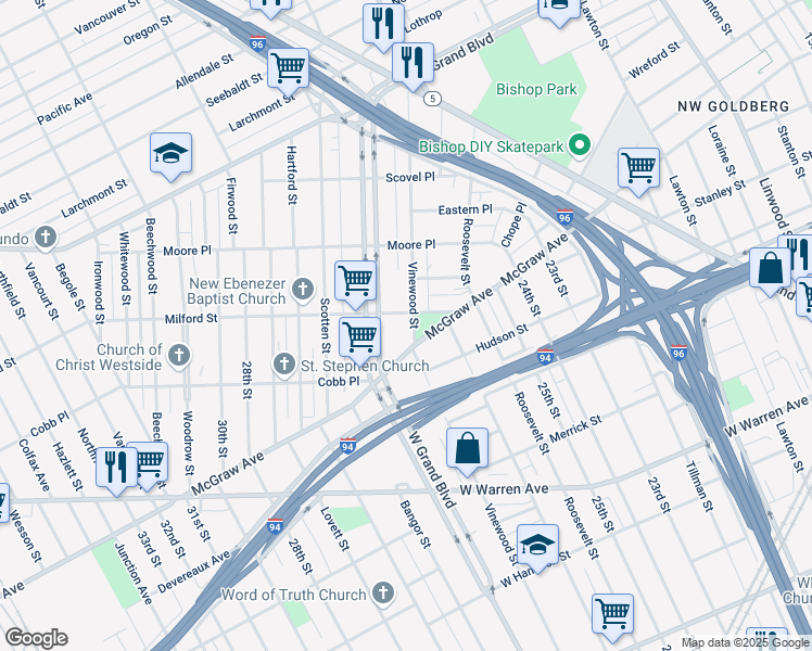 map of restaurants, bars, coffee shops, grocery stores, and more near 5733 Vinewood Street in Detroit