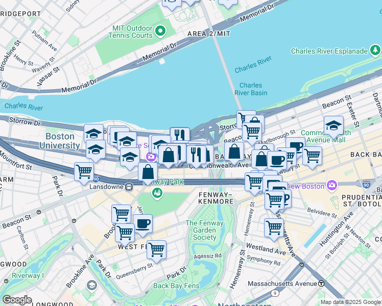 map of restaurants, bars, coffee shops, grocery stores, and more near 610 Beacon Street in Boston