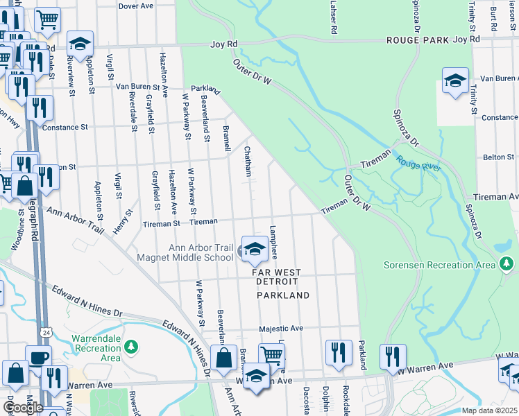 map of restaurants, bars, coffee shops, grocery stores, and more near 22446 Tireman in Detroit