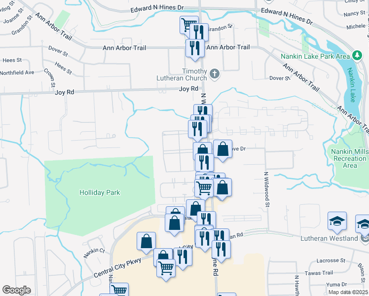 map of restaurants, bars, coffee shops, grocery stores, and more near 8363 Woodcrest Drive in Westland