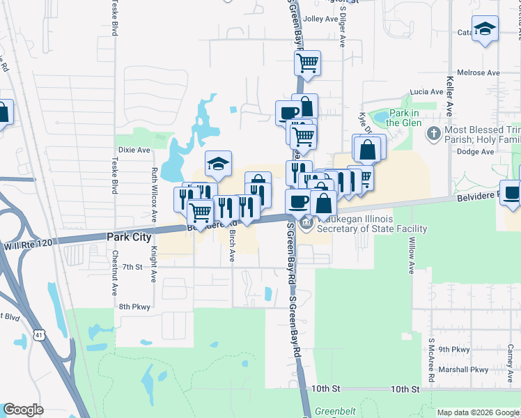map of restaurants, bars, coffee shops, grocery stores, and more near 3010 Belvidere Road in Waukegan