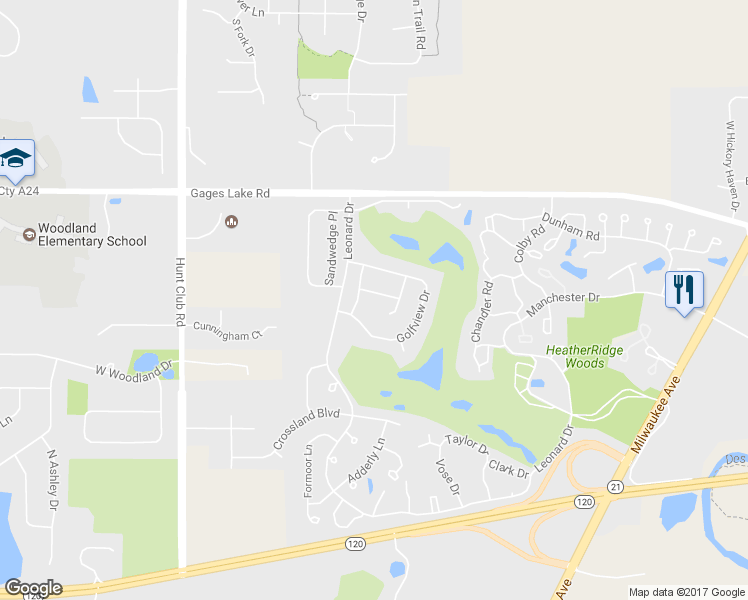 map of restaurants, bars, coffee shops, grocery stores, and more near 6161 Brookstone Place in Gurnee