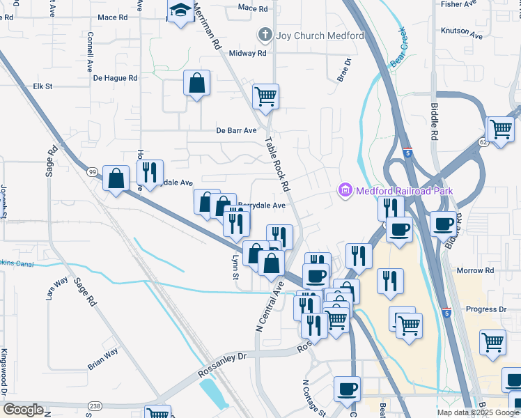 map of restaurants, bars, coffee shops, grocery stores, and more near 610 Berrydale Avenue in Medford