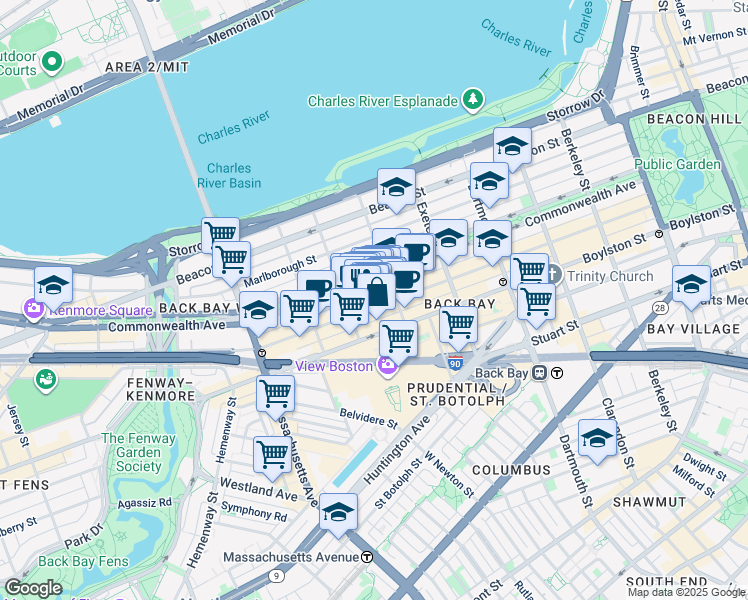 map of restaurants, bars, coffee shops, grocery stores, and more near 257 Newbury Street in Boston
