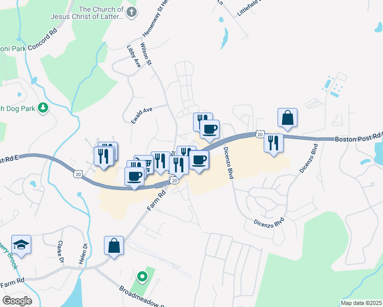 map of restaurants, bars, coffee shops, grocery stores, and more near 606 Boston Post Road East in Marlborough