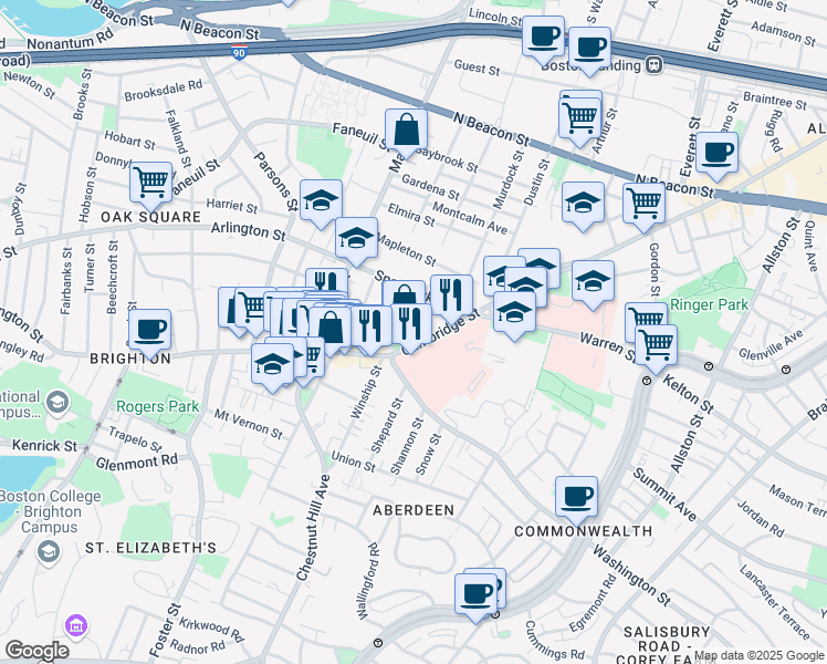 map of restaurants, bars, coffee shops, grocery stores, and more near 12 Elko Street in Boston