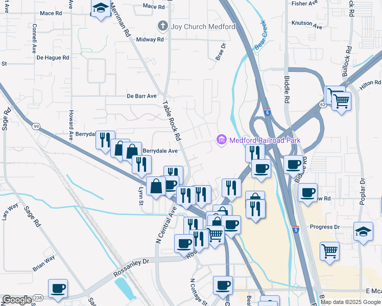 map of restaurants, bars, coffee shops, grocery stores, and more near 2158 Table Rock Road in Medford