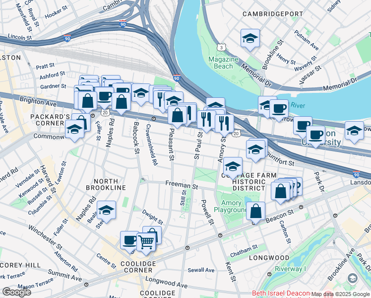 map of restaurants, bars, coffee shops, grocery stores, and more near 49 Egmont Street in Brookline