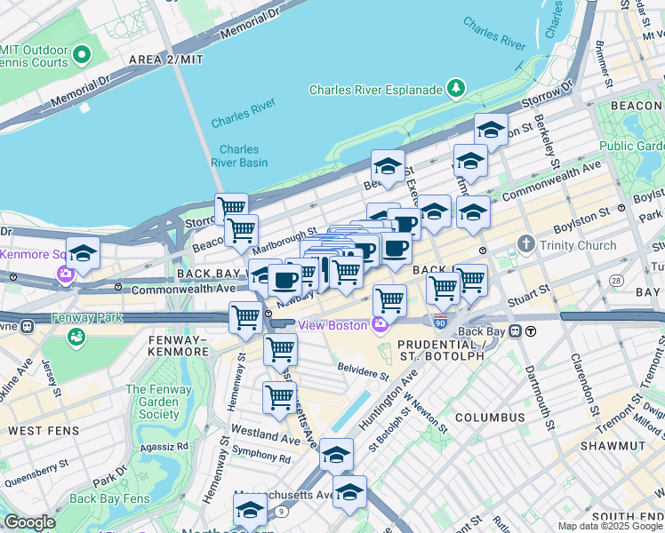 map of restaurants, bars, coffee shops, grocery stores, and more near 296 Commonwealth Avenue in Boston