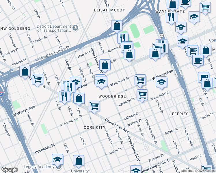 map of restaurants, bars, coffee shops, grocery stores, and more near West Hancock Street in Detroit