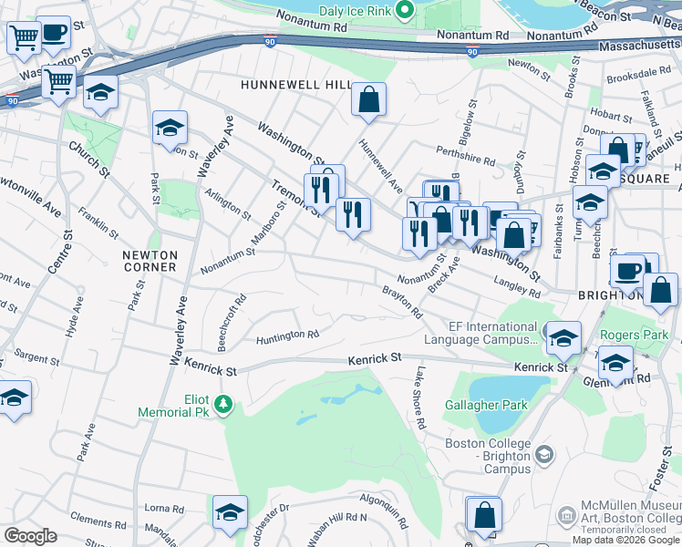 map of restaurants, bars, coffee shops, grocery stores, and more near 141 Brayton Road in Boston