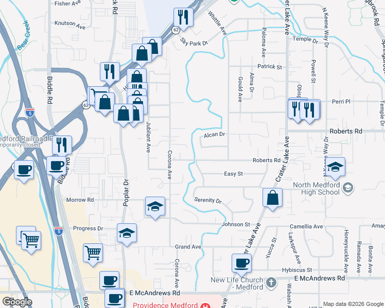 map of restaurants, bars, coffee shops, grocery stores, and more near 1575 Roberts Road in Medford