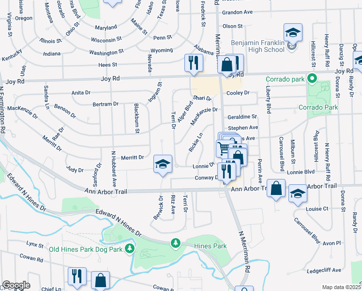 map of restaurants, bars, coffee shops, grocery stores, and more near 31739 Mackenzie Drive in Westland