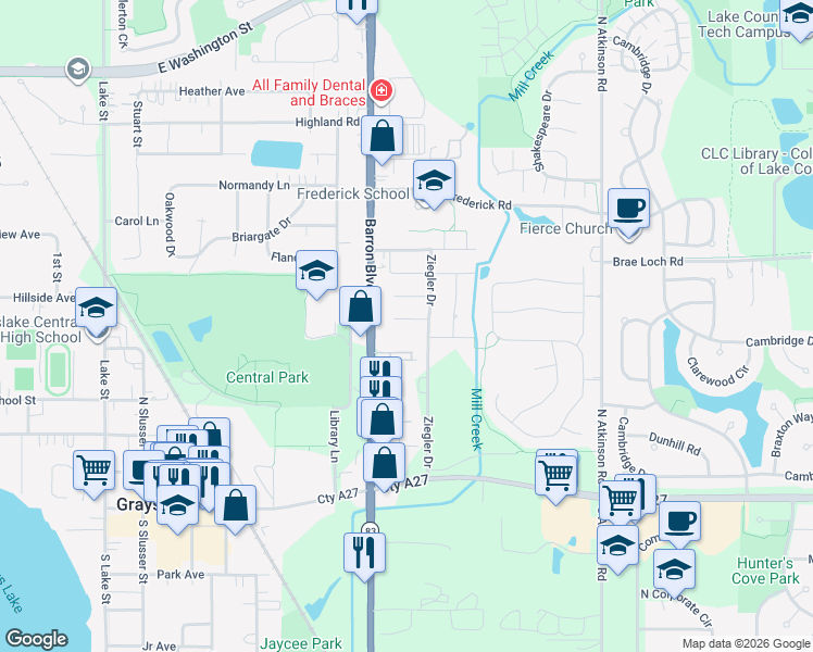 map of restaurants, bars, coffee shops, grocery stores, and more near 541 Pheasant Court in Grayslake