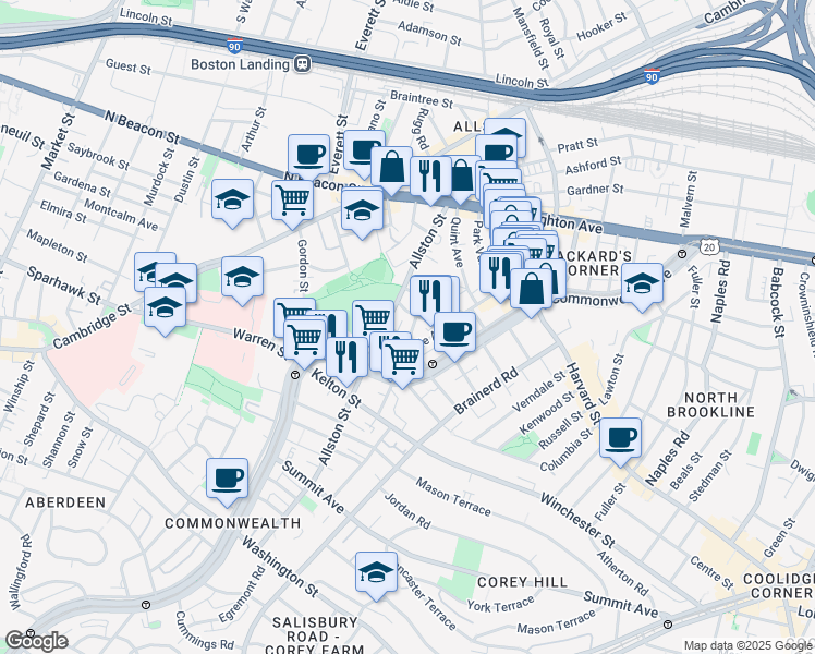 map of restaurants, bars, coffee shops, grocery stores, and more near 32 Long Avenue in Boston