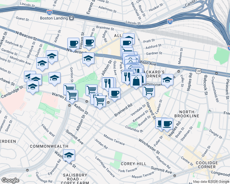map of restaurants, bars, coffee shops, grocery stores, and more near 66 Glenville Avenue in Boston