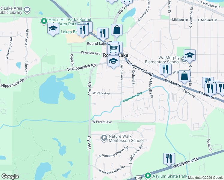 map of restaurants, bars, coffee shops, grocery stores, and more near 408 West Park Avenue in Round Lake