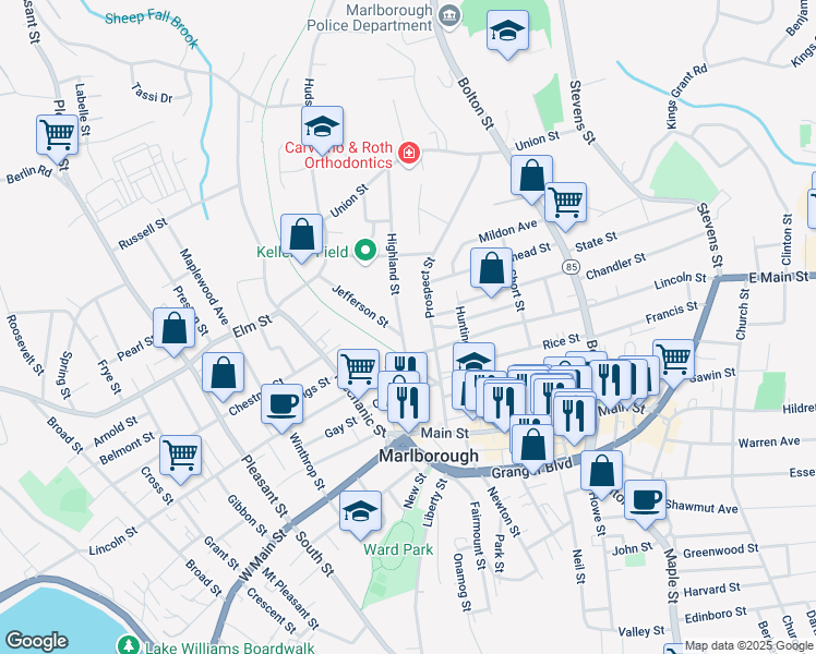 map of restaurants, bars, coffee shops, grocery stores, and more near 21 Highland Street in Marlborough