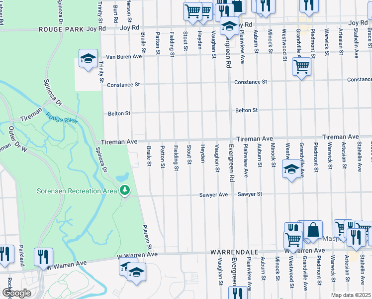 map of restaurants, bars, coffee shops, grocery stores, and more near 7795 Stout Street in Detroit
